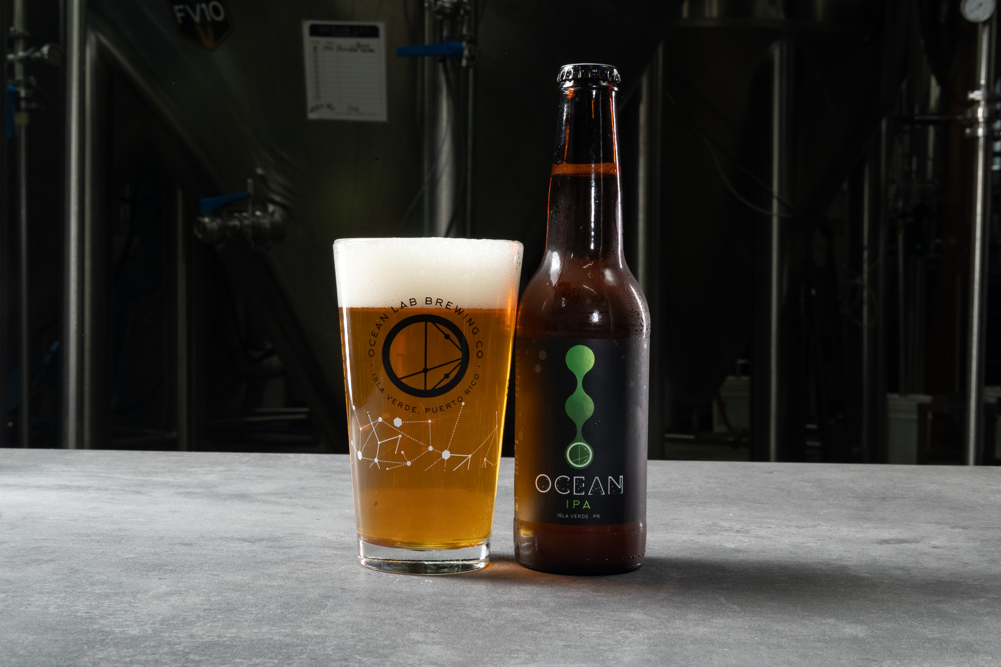 Ocean Lab IPA bottle and glass in the brewery